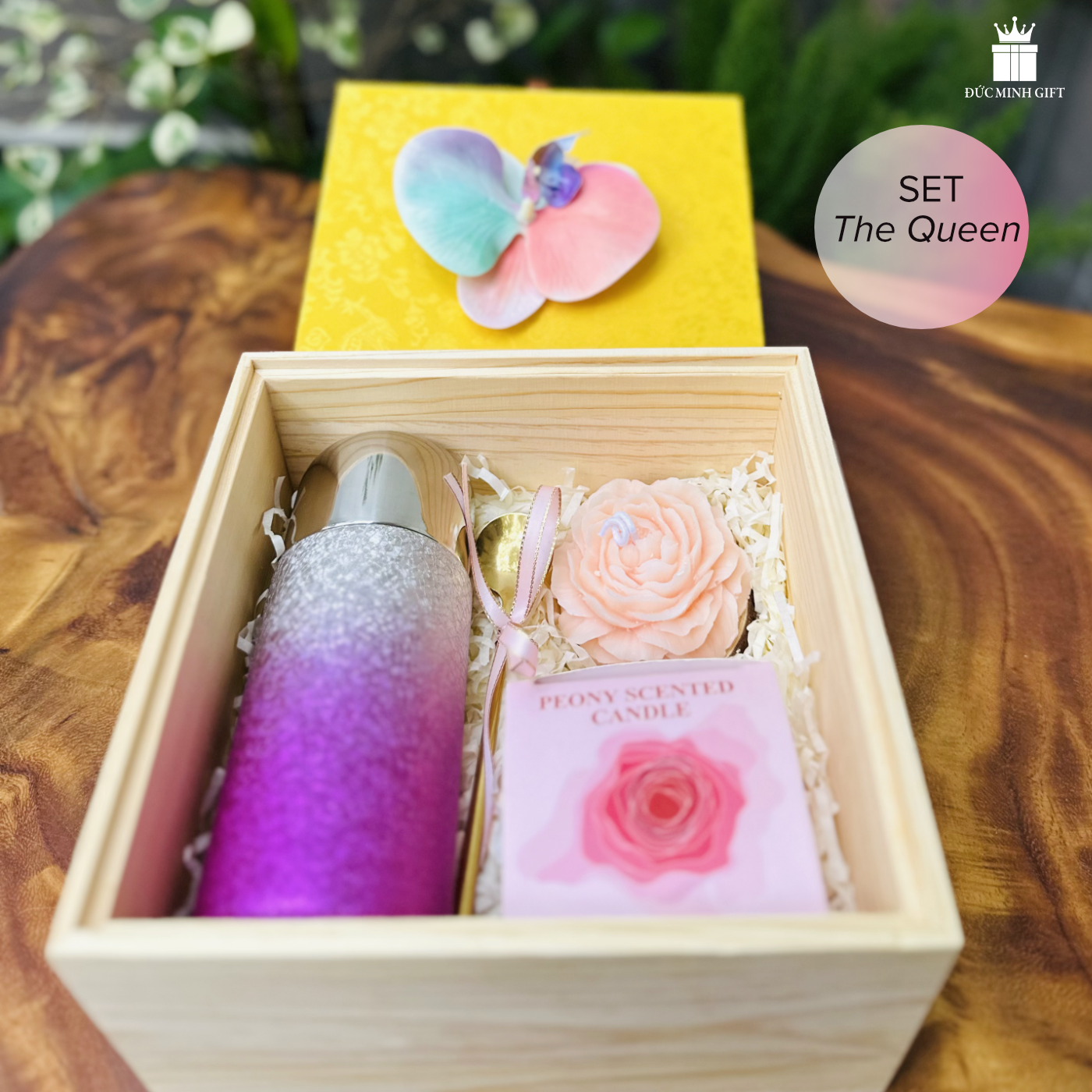 Bộ quà tặng The Queen nữ hoàng băng gía bình giữ nhiệt gradient trắng tím 350ml
