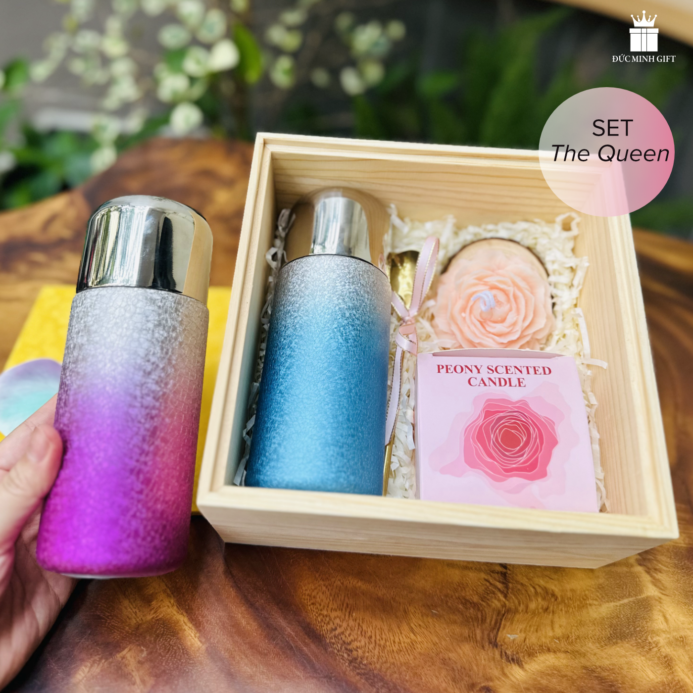 Bộ quà tặng The Queen nữ hoàng băng gía bình giữ nhiệt gradient txanh pha lê băng 350ml