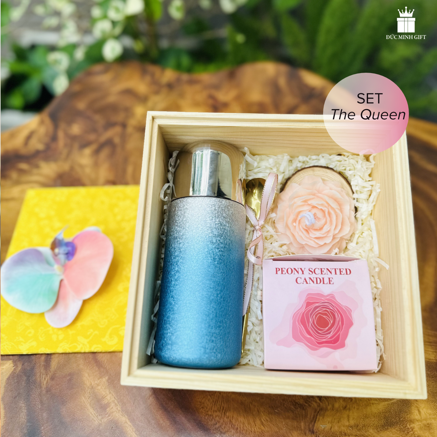 Bộ quà tặng The Queen nữ hoàng băng gía bình giữ nhiệt gradient txanh pha lê băng 350ml