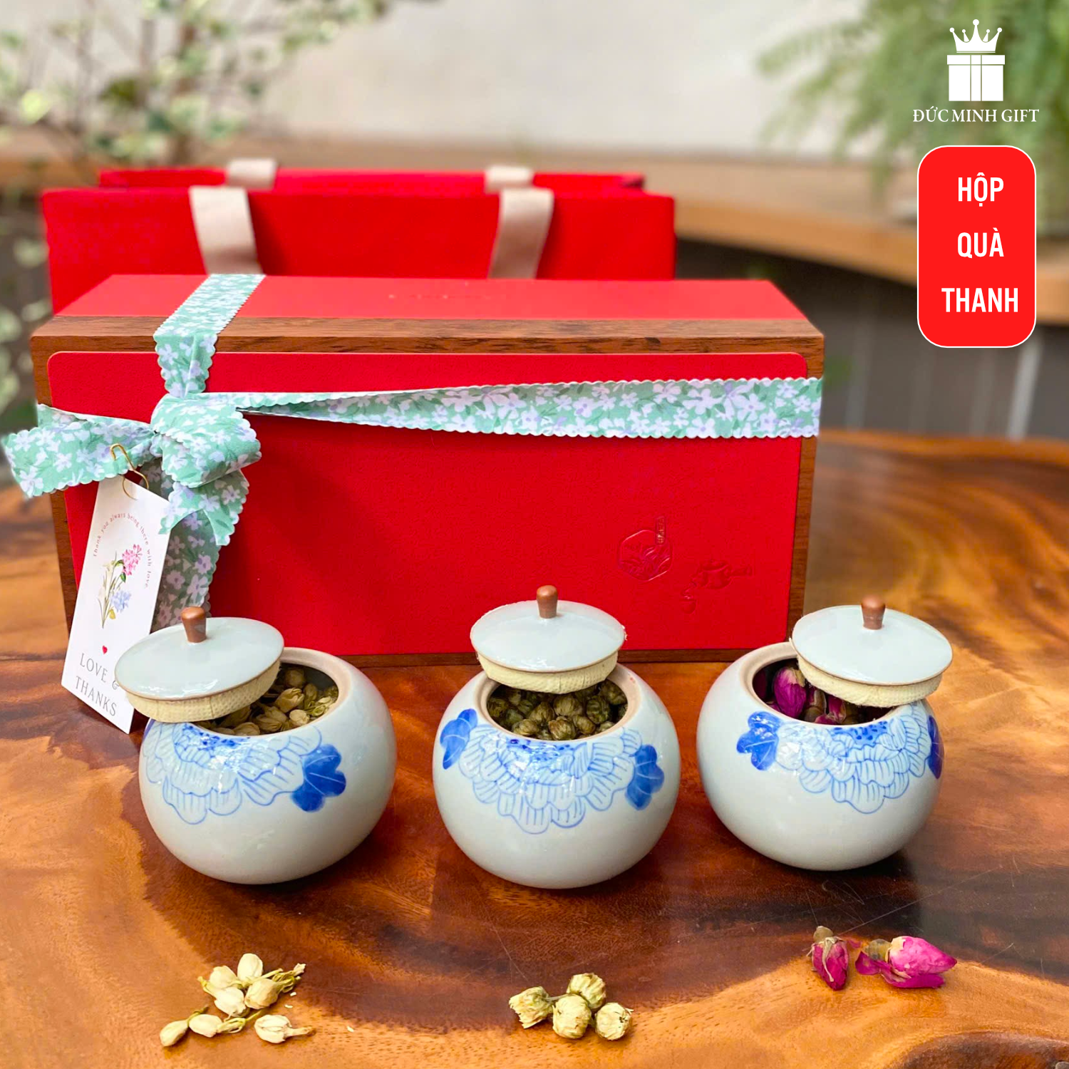 Hộp quà thanh 3 hũ gốm đựng trà hoa hộp đỏ