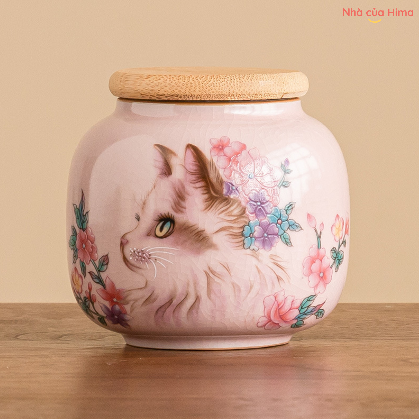 Hũ trà mèo hoa men rạn