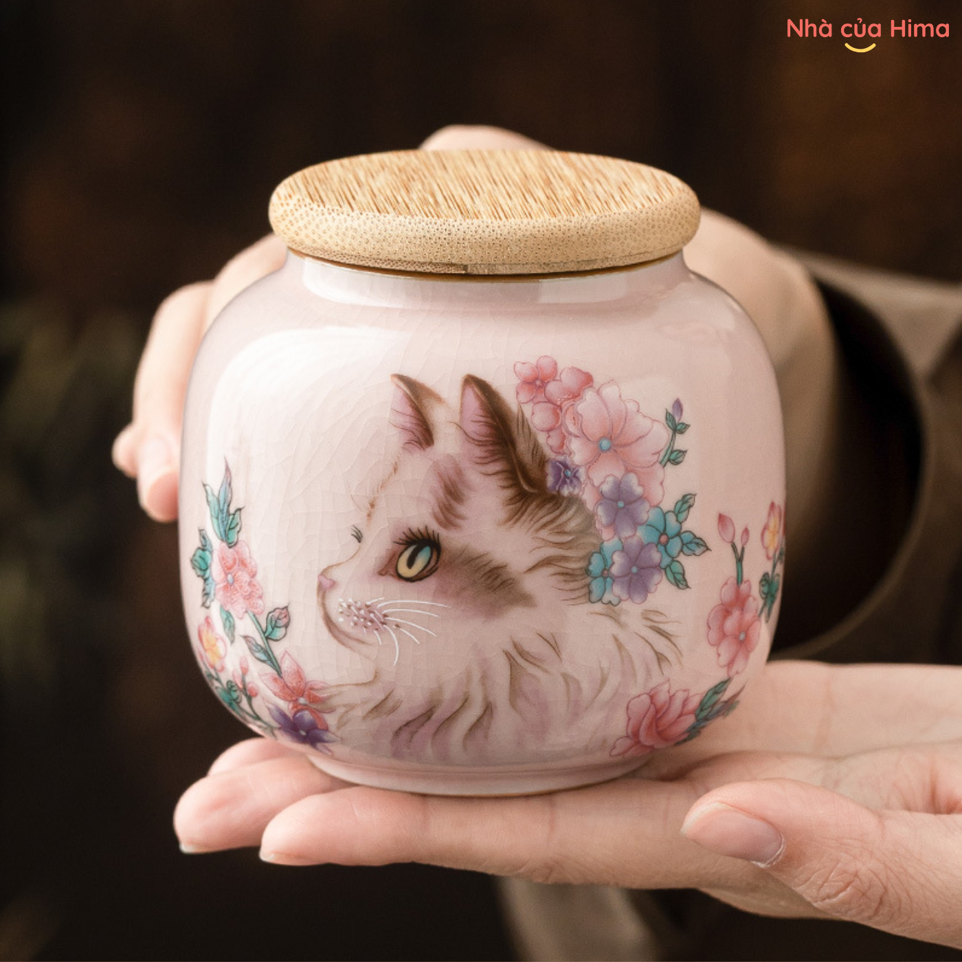Hũ trà mèo hoa men rạn