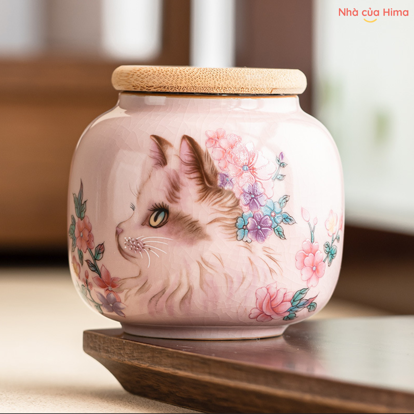 Hũ trà mèo hoa men rạn