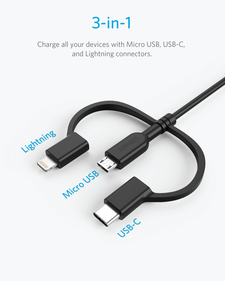 Cáp 3 in 1 Anker Powerline II - 0.9M (Lightning - Type C - Micro USB)