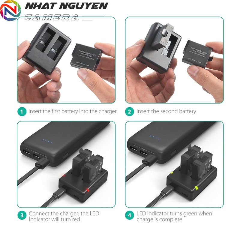 Bộ 2 Pin và 1 đế sạc đôi Ravpower cho Gopro Hero 5,6,7