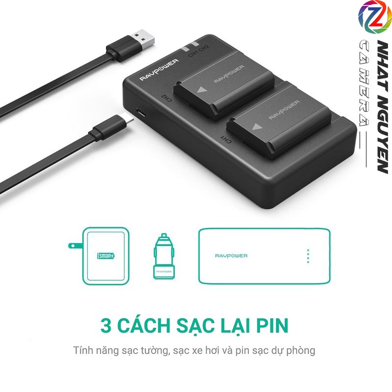 Bộ 2 pin và 1 sạc đôi RavPower NP-FW50 cho Sony A6000, A6300, A6500, A7, A7 II, A7R, A7S...