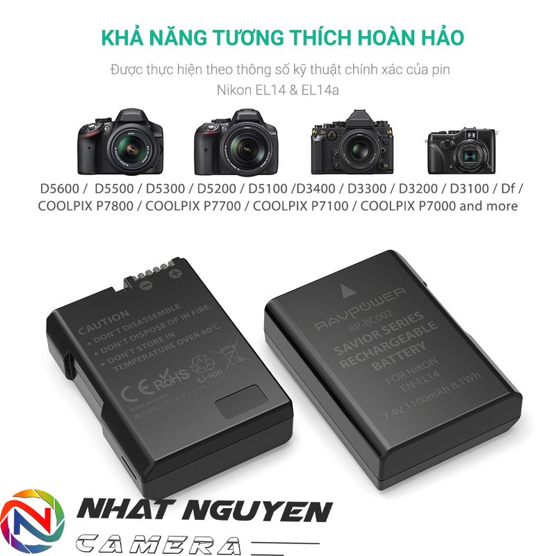 Bộ 2 pin và 1 sạc đôi RAVPower EN-EL14 cho Nikon