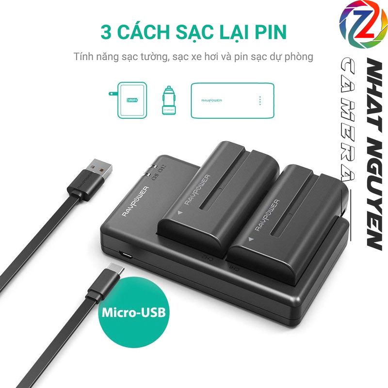 Bộ 2 pin và 1 sạc đôi NP-F550 RAVPower cho Sony