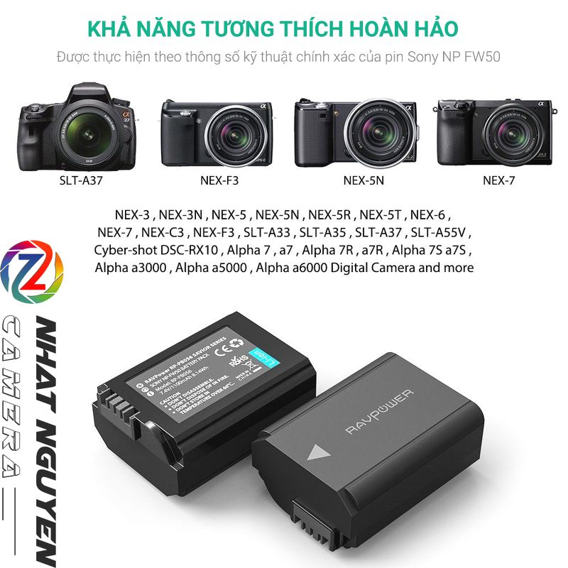 Bộ 2 pin và 1 sạc đôi RavPower NP-FW50 cho Sony A6000, A6300, A6500, A7, A7 II, A7R, A7S...