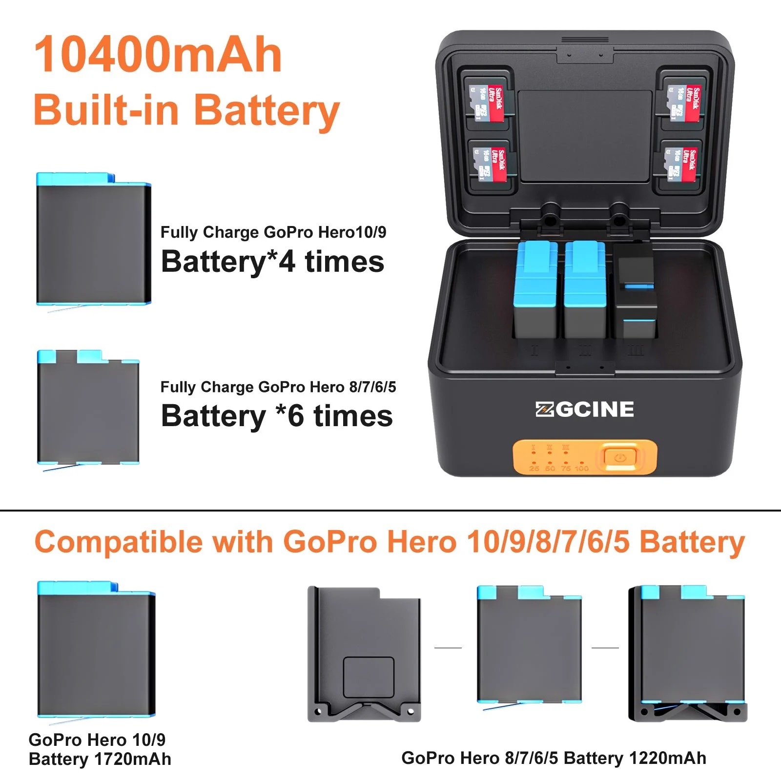 ZGCINE PS-G10 Charging Case for GoPro 11/10/9/8/7/6/5 Battery with 3 Charging Slots