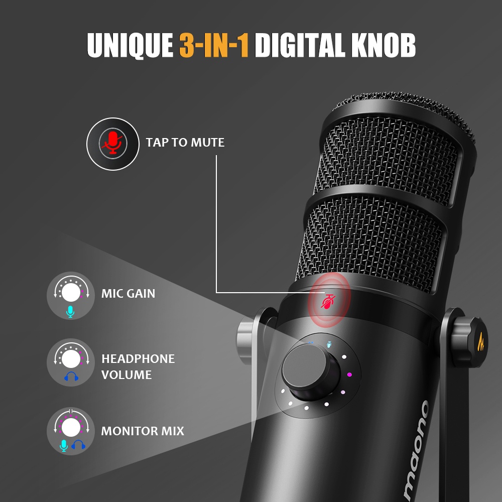 Micro dynamic Maono PD400X thu âm hỗ trợ USB/XLR 2 chế độ radio cho PC/ điện thoại/ phát trực tiếp/ podcasting/ ghi âm