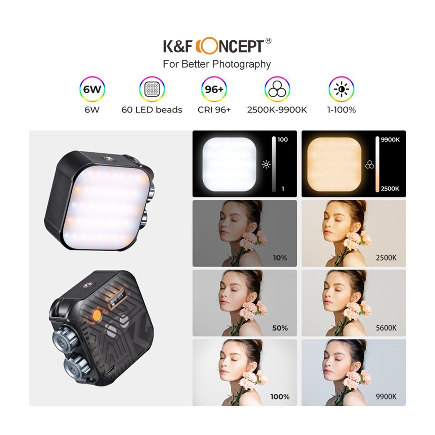 Đèn LED K&F CONCEPT RGB 2500-9900K CRI 96+ 6W | KF34.036