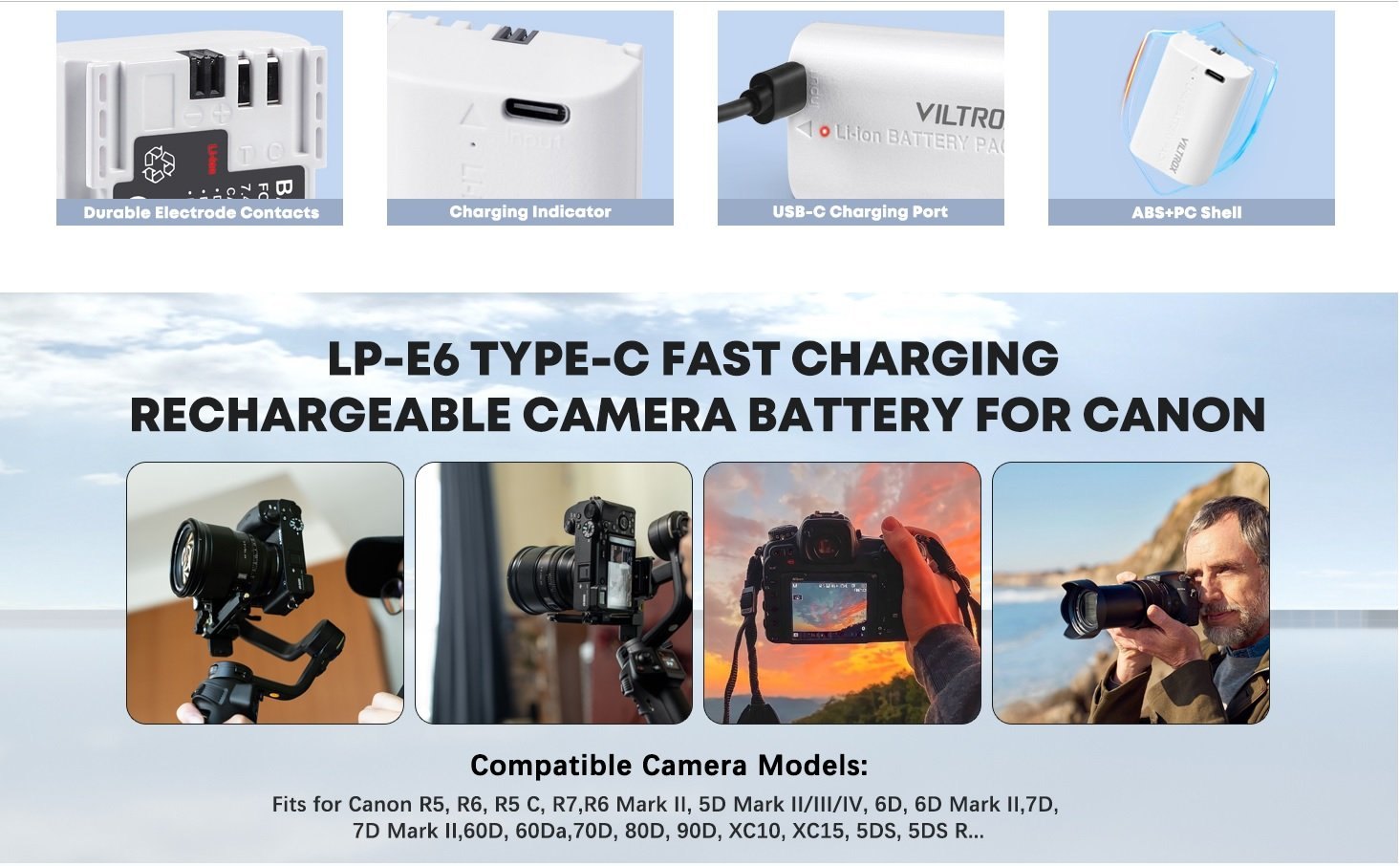 Pin Viltrox TLP-E6 tích hợp cổng sạc Type-C cho máy ảnh Canon
