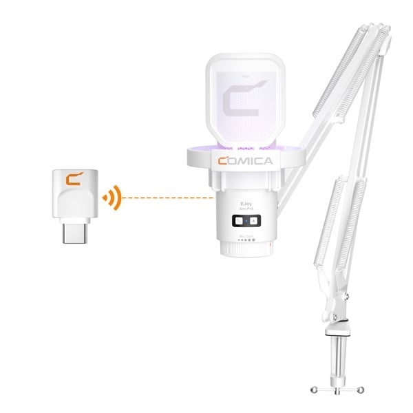 Mic Comica EJoy Uni Pro RGB kèm tay arm (màu trắng) - Cardioid Condenser Wireless USB Microphone