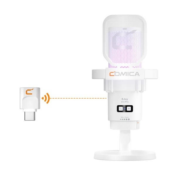 Mic Comica EJoy Uni Pro RGB kèm chân desktop stand (màu trắng) - Cardioid Condenser Wireless USB Microphone