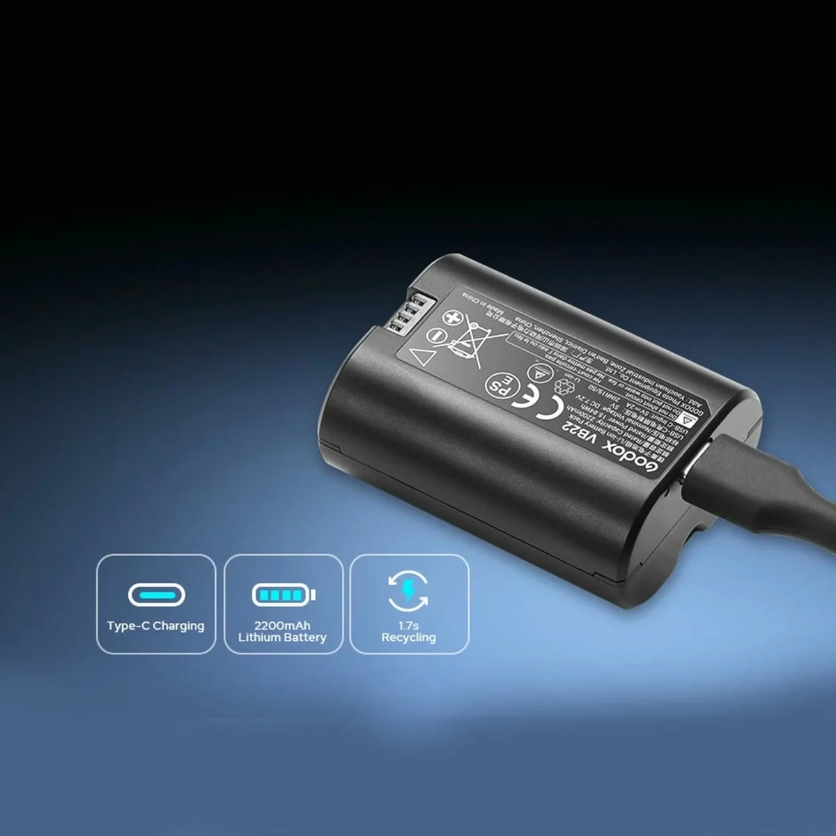 Pin Godox V480 VB22 7.2V/2200mAh Lithium, sạc USB-C, dùng cho đèn flash máy ảnh V480 C, V480N, V480S, V480F, V480O