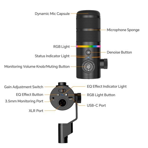 COMICA EJoy D10(D) – Micro RGB Dynamic USB Gaming, Lọc Tạp Âm Có Chân Để Bàn, Cổng XLR/USB-C