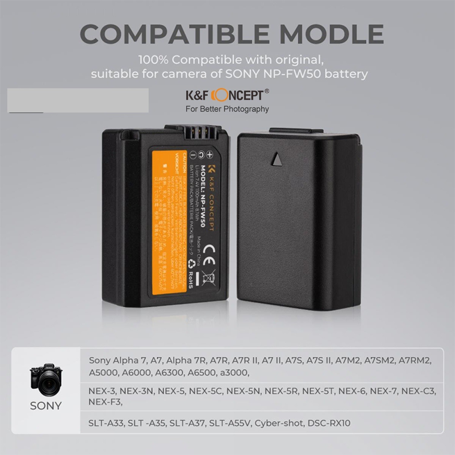Bộ 2 Pin + 1 Sạc cho máy ảnh Sony NP-FW50 - Thương hiệu K&F Concept