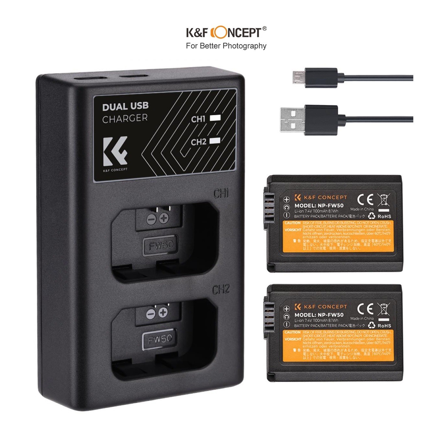 Bộ 2 Pin + 1 Sạc cho máy ảnh Sony NP-FW50 - Thương hiệu K&F Concept