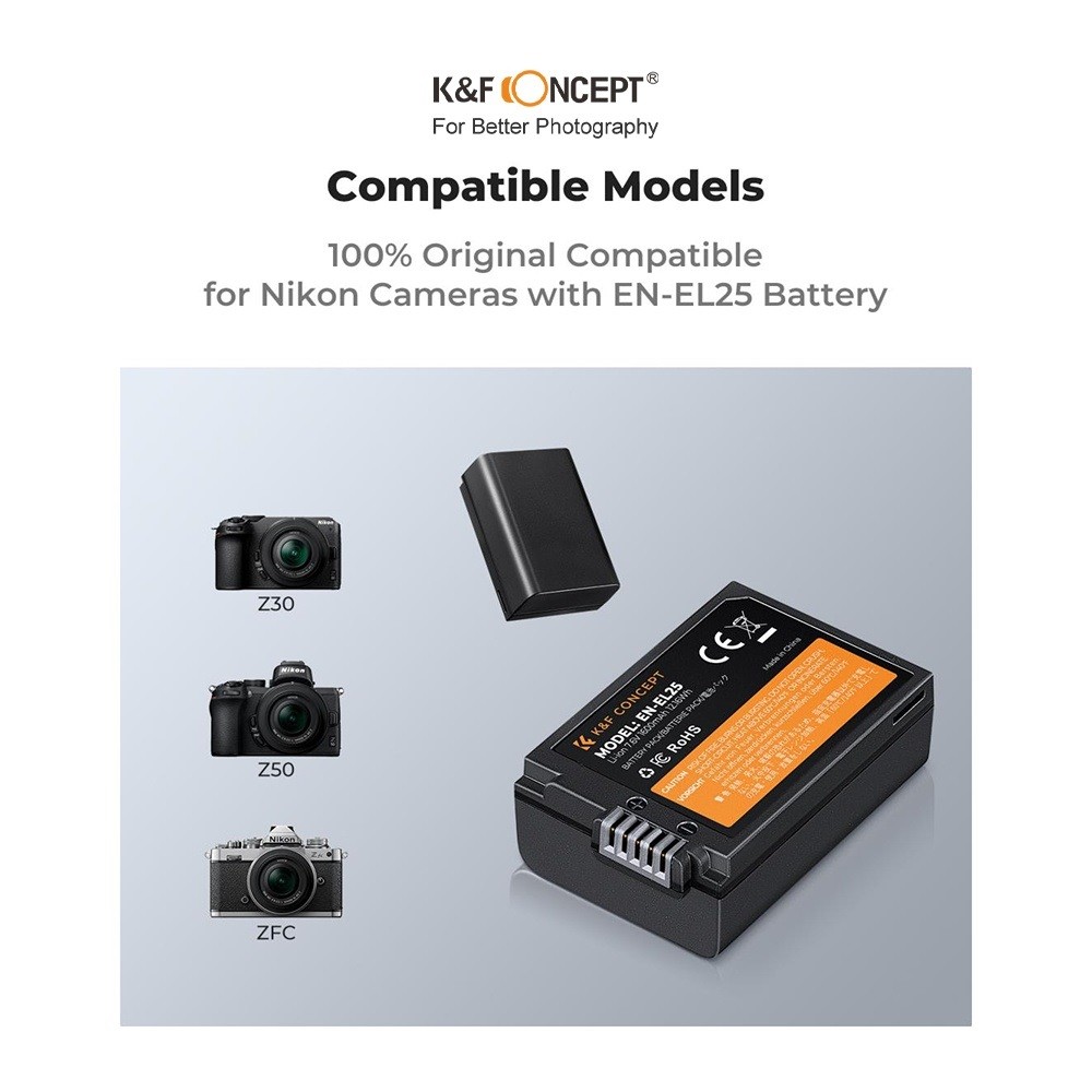 2 PIN + 1 SẠC cho máy ảnh K&F CONCEPT EN-EL25