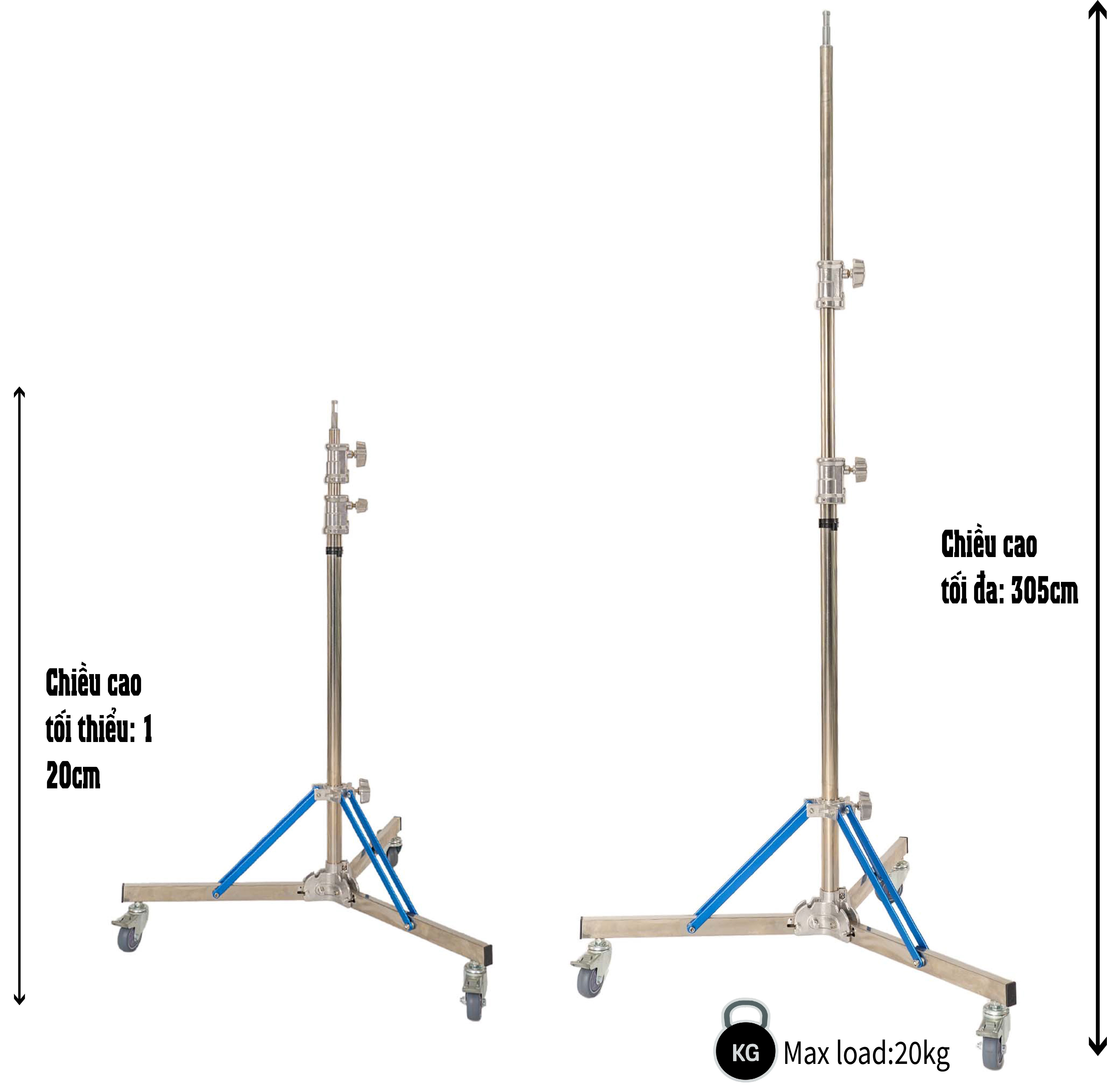 Chân đèn INOX bánh xe MD120 plus cao 3m05