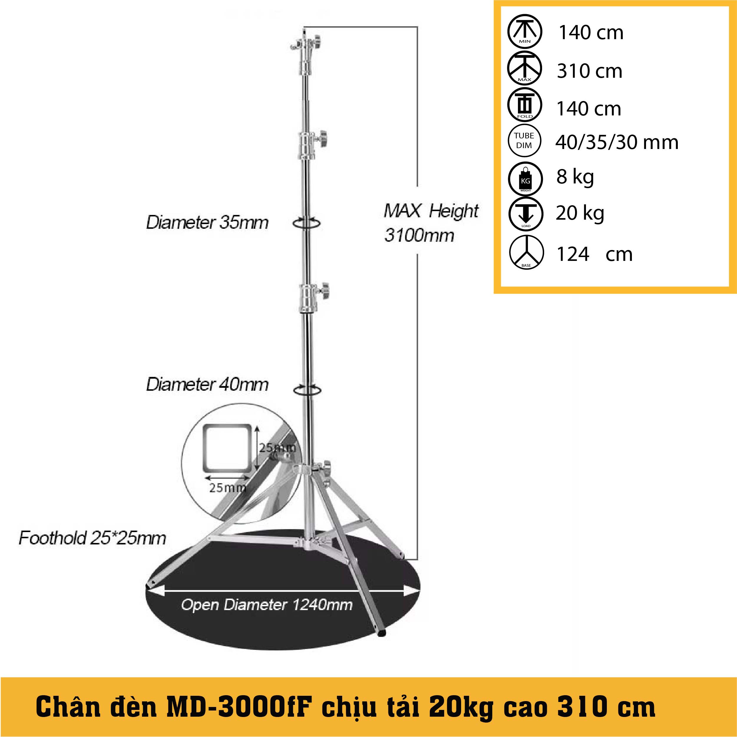 Chân đèn Inox MD 3000F chịu tải 20kg