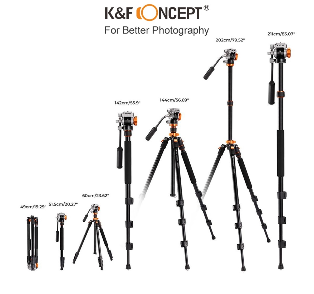Chân máy ảnh K&F CONCEPT K234A7 + Ballhead FH-03 - cao tối đa 2m