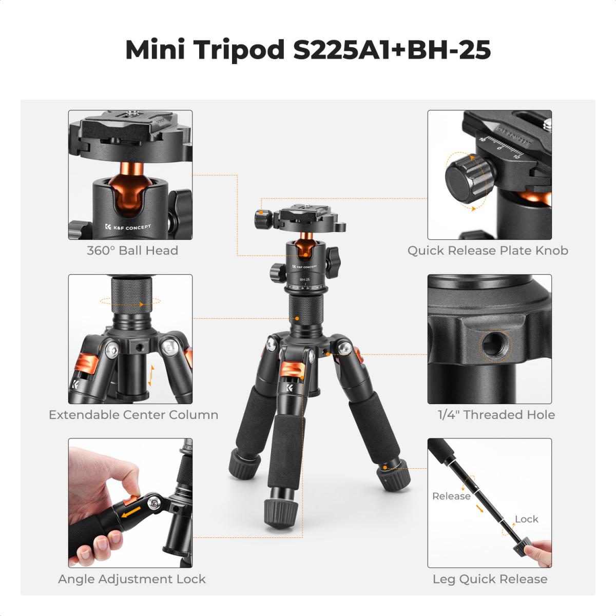 Chân máy ảnh Mini K&F Concept S225A1+BH-25| KF09.150