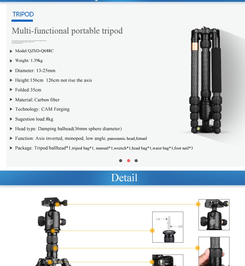 Chân máy ảnh Tripod Beike Q668C (carbon) - hàng chính hãng
