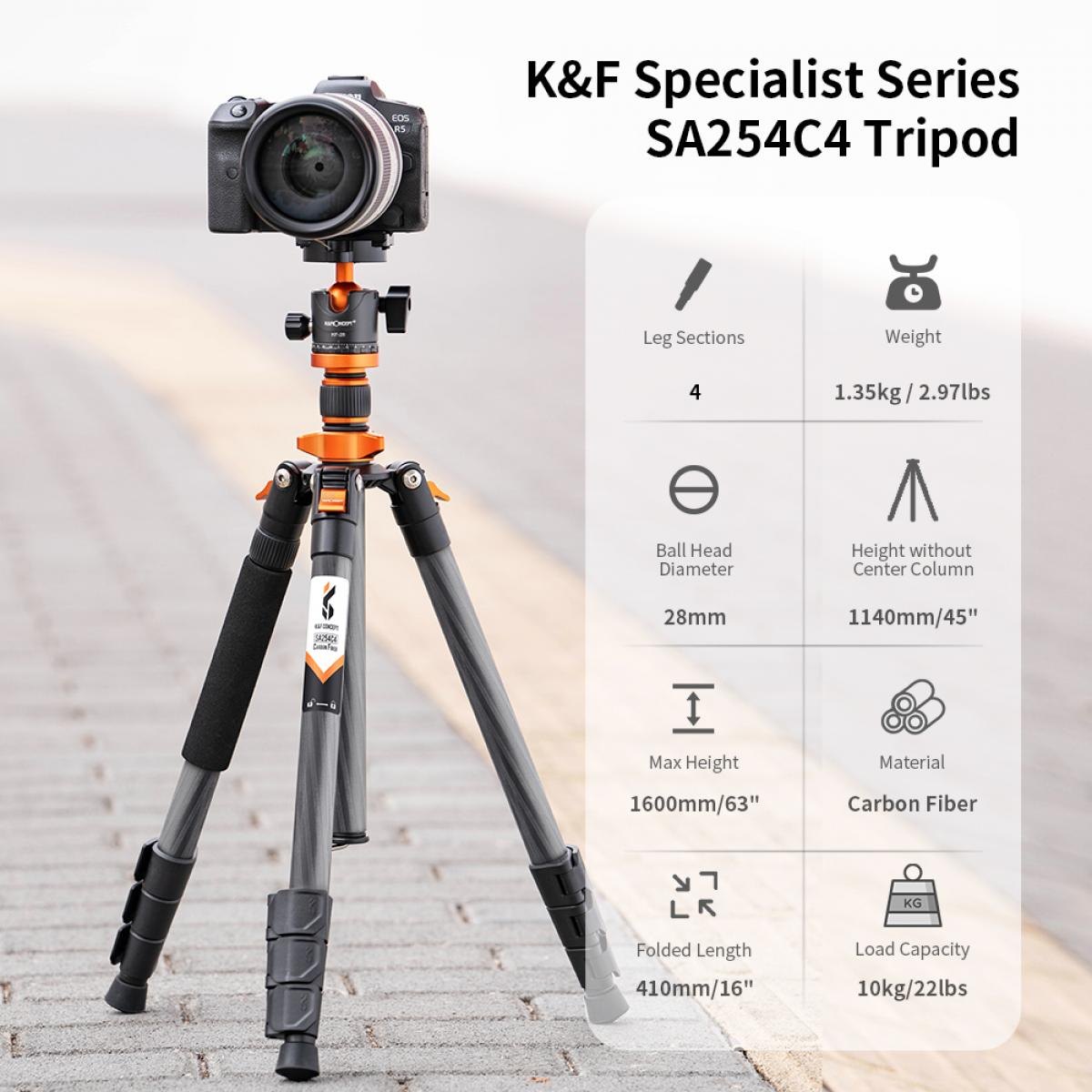 Chân máy ảnh du lịch K&F Concept Carbon Fiber D254C1+BH-28L
