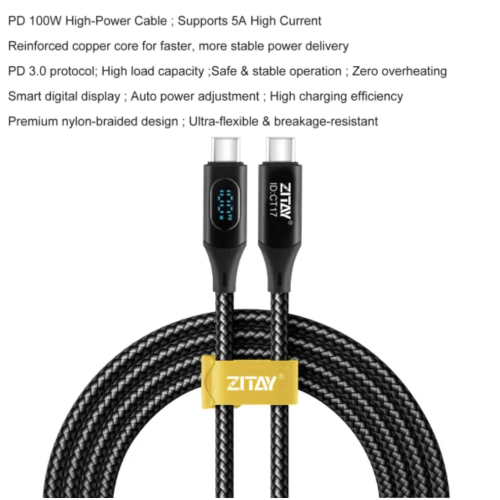 Dây cáp nguồn ZITAY 100W USB Type-C sang USB Type-C với màn hình LED -100cm