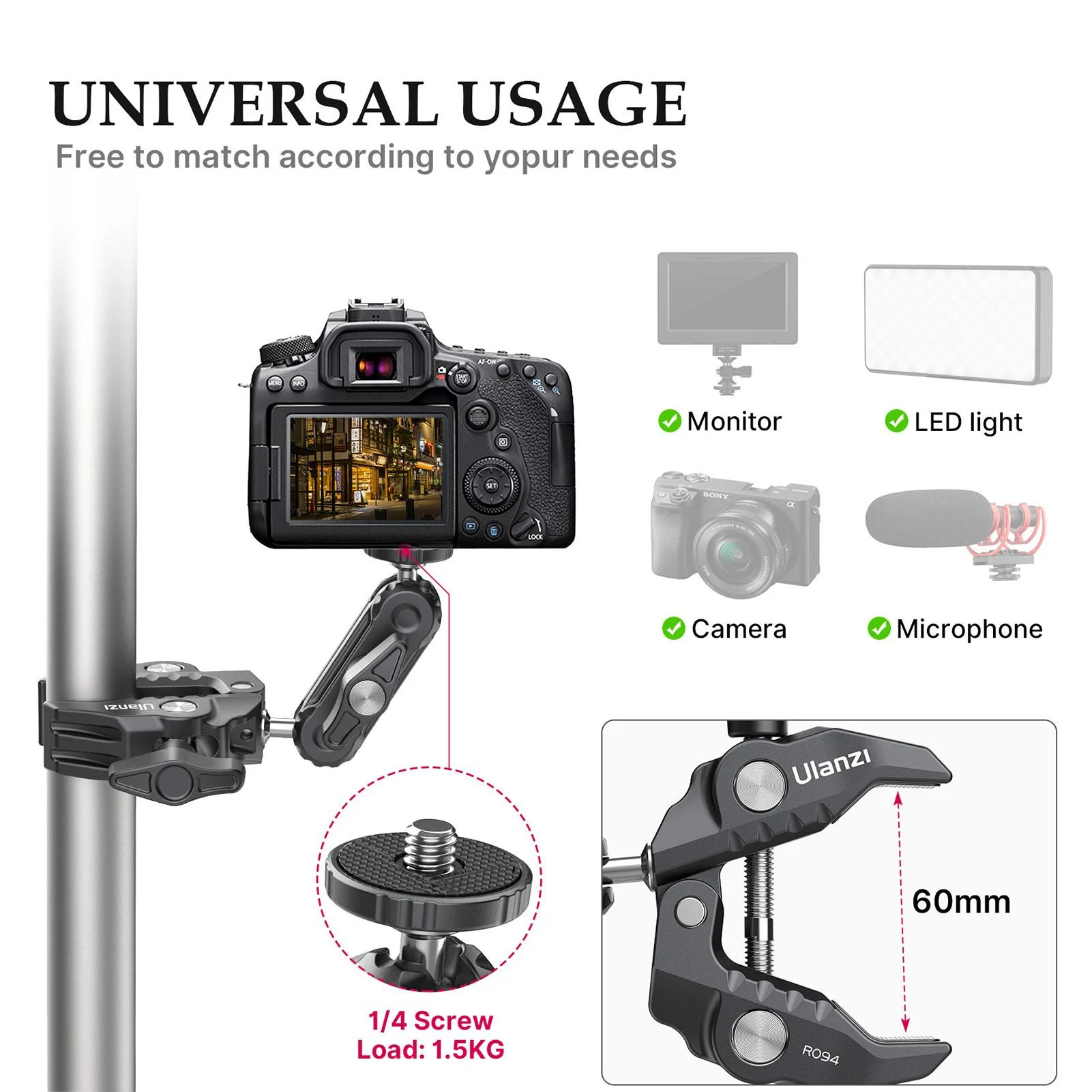 Kẹp Đa Năng Ulanzi R094 Tích Hợp Magic Arm Cho Máy Ảnh, Monitor Chính Hãng