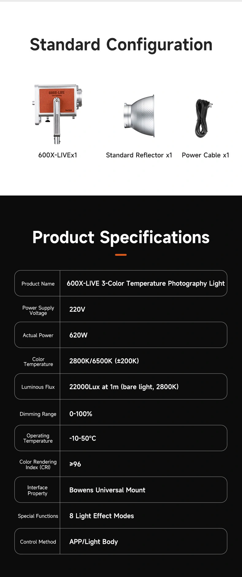 Miaotu LIVE-600B Professional 600W Bi Color 2700-6500K - CRI>97