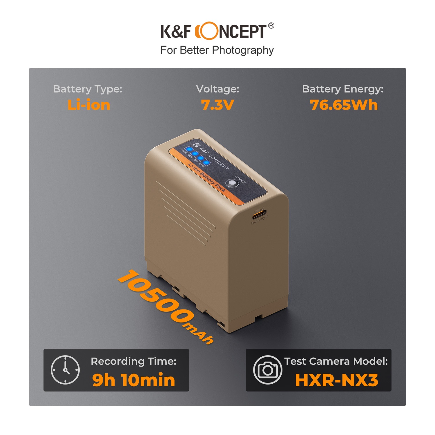 Pin K&F CONCEPT NP-F970 | 10500mAh, hỗ trợ sạc nhanh 20W