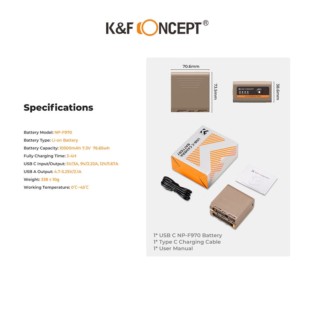 Pin K&F CONCEPT NP-F970 | 10500mAh, hỗ trợ sạc nhanh 20W