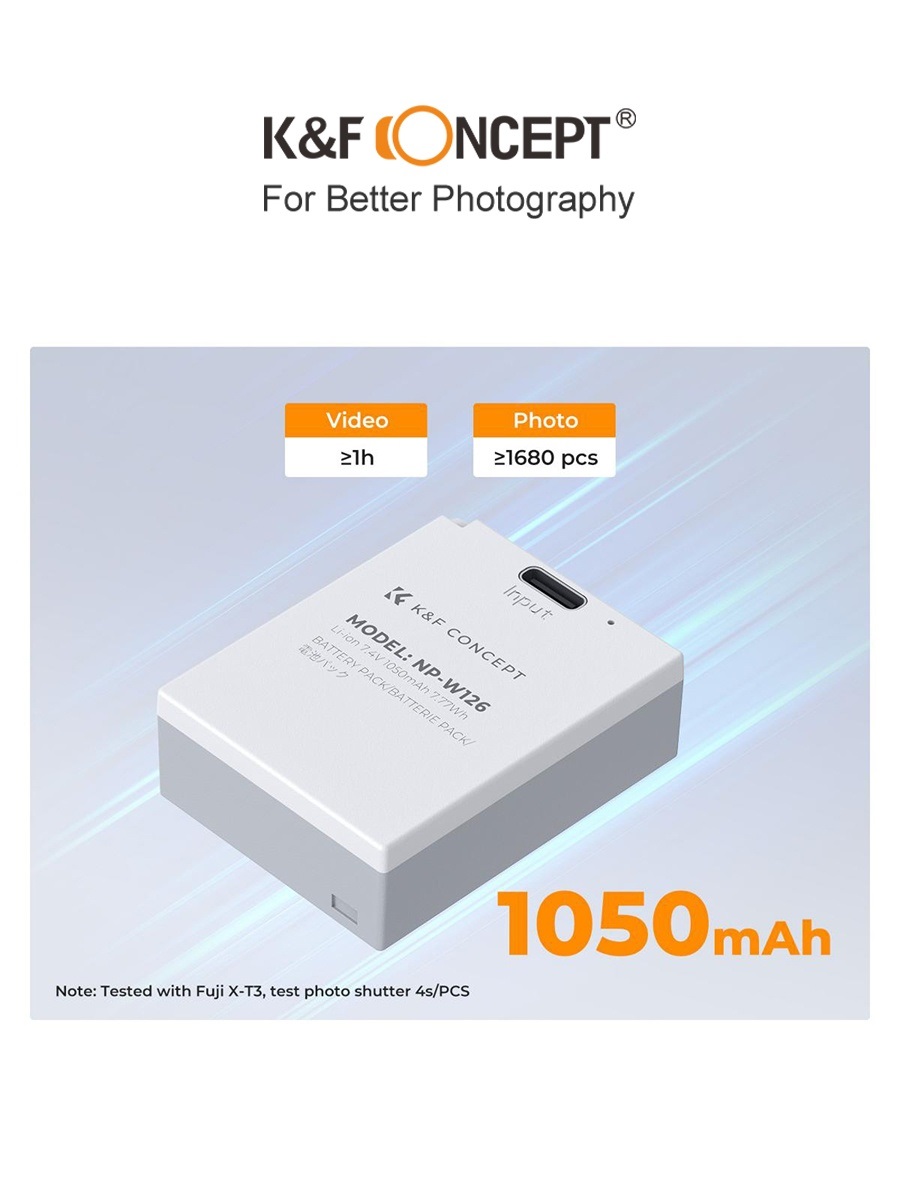 Pin máy ảnh K&F CONCEPT NP-W126 dành cho Fujifilm | Sạc trực tiếp