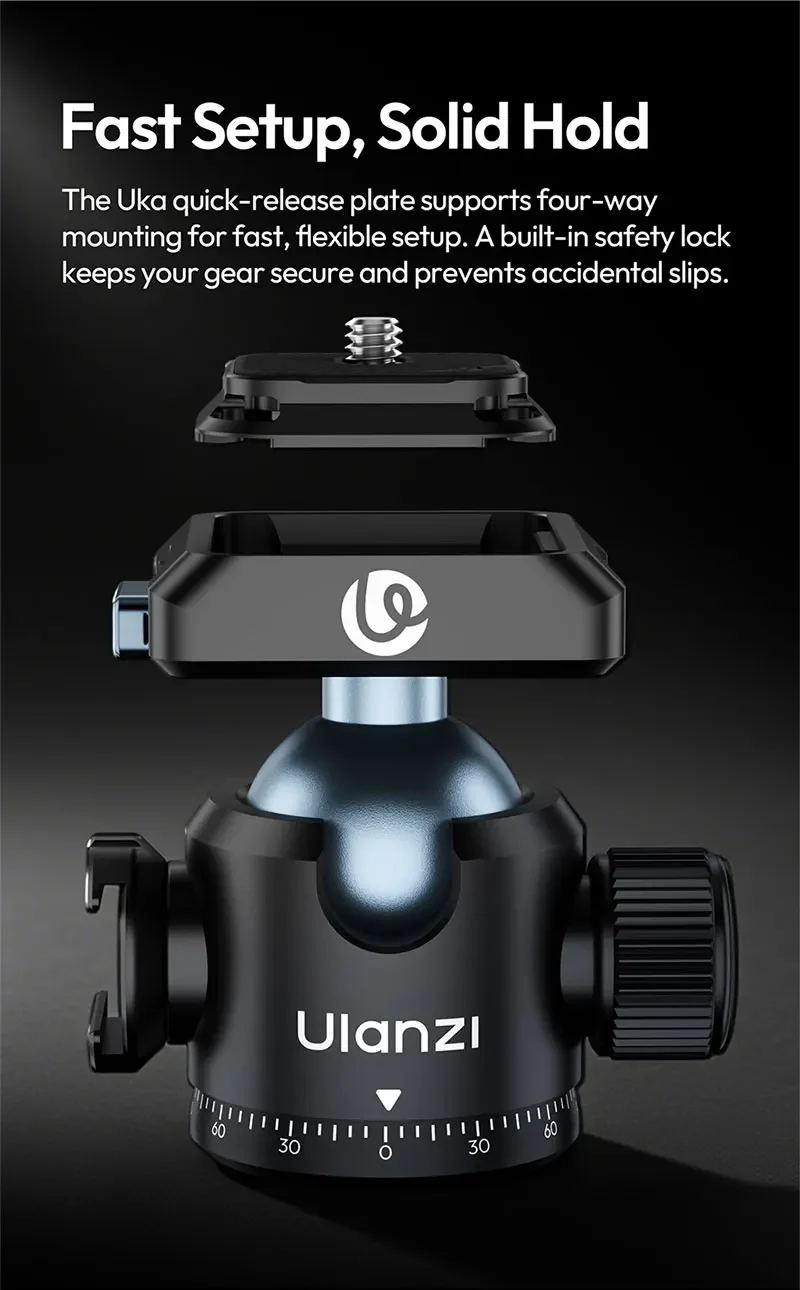 Ulanzi T100 – Đầu Bi Hợp Kim Xoay 360° Cho Chân Máy Ảnh DSLR, Đế Nhanh Uka, Tripod Máy Ảnh & Action Camera