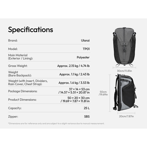 Ulanzi TP01 Travel Photography Backpack (Black, 25L)