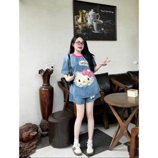 SET BỘ BÒ JEAN ĐÙI THÊU HELLO KITY - XANH