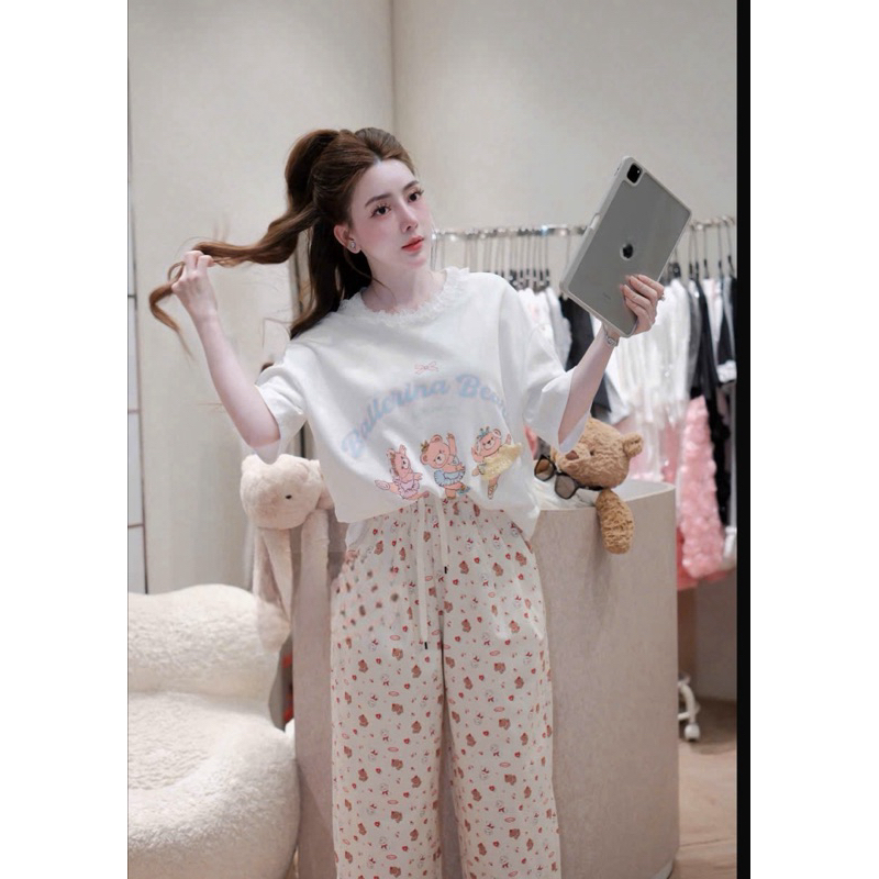SET BỘ GẤU HỒNG CỔ BÈO BALLERINA - Trắng