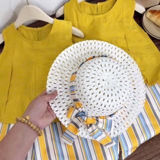 SET BỘ SÁT NÁCH VÀNG QUẦN KẺ BG (kèm mũ) - Vàng - 140