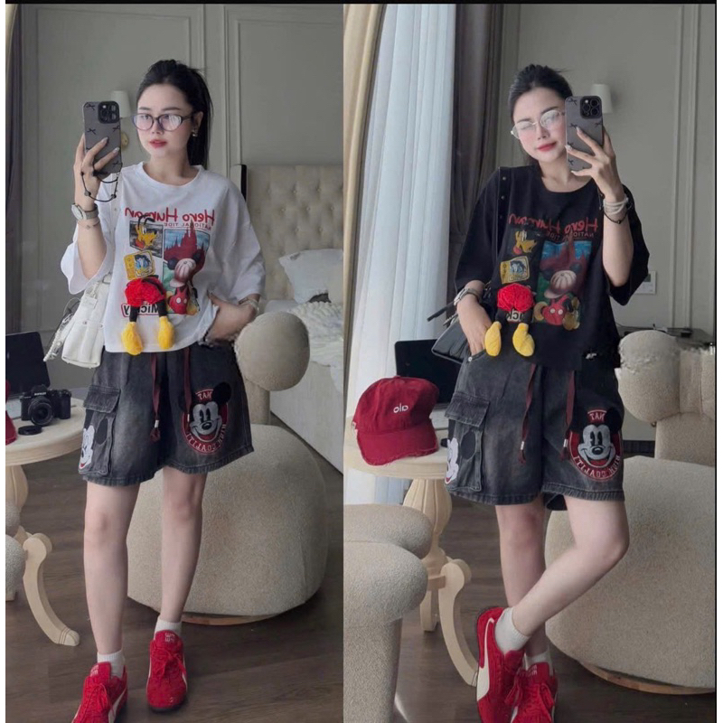 ÁO PHÔNG HOẠT HÌNH ĐÍNH MICKY NỔI - Trắng