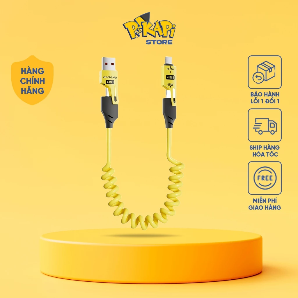 [BH 3 Tháng] Pikapi Dây sạc 4in1 thiết kế LÒ XO: dài 1.5m, sạc nhanh C - L 27W,C-C 65W, copy dữ liệu