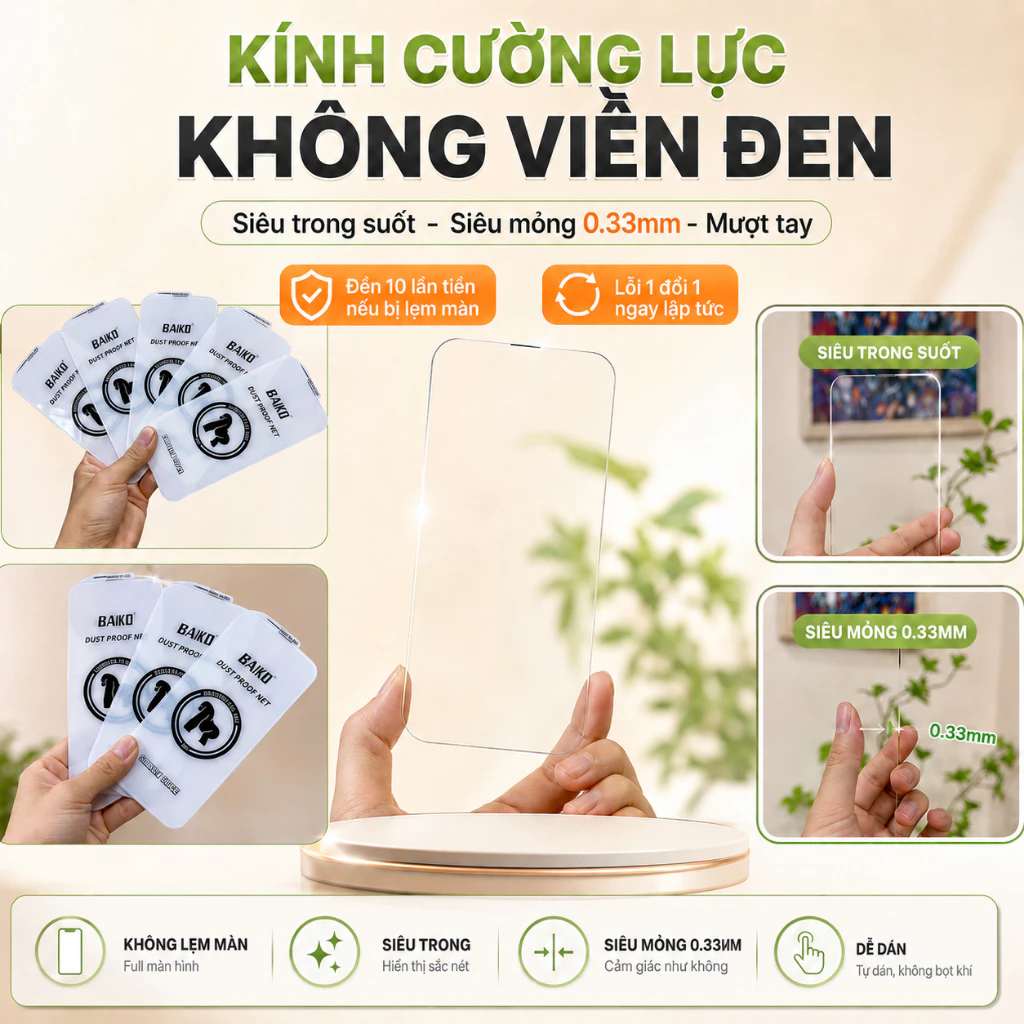 Cường lực BAIKO không viền cho iPhone Full Màn 15 Pro Max: màng che loa thoại, phủ nano cảm ứng mượt