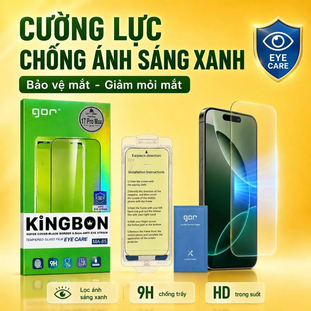 Kính Cường Lực dành cho iPhone GOR CHỐNG ÁNH SÁNG XANH Có Khung Tự Dán Thông Minh - Hạn chế mỏi mắt, bảo vệ mắt