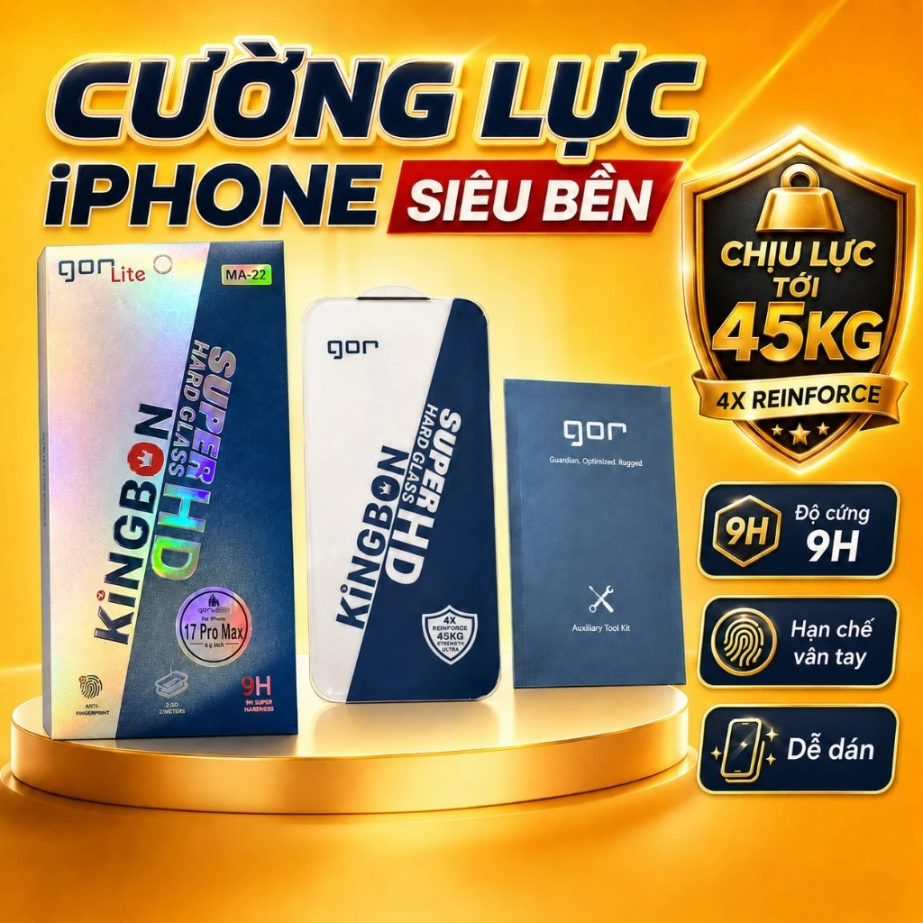 Kính cường lực iPhone KINGBON GOR Lite 9H chịu lực 45KG, hạn chế vân tay, dễ dán