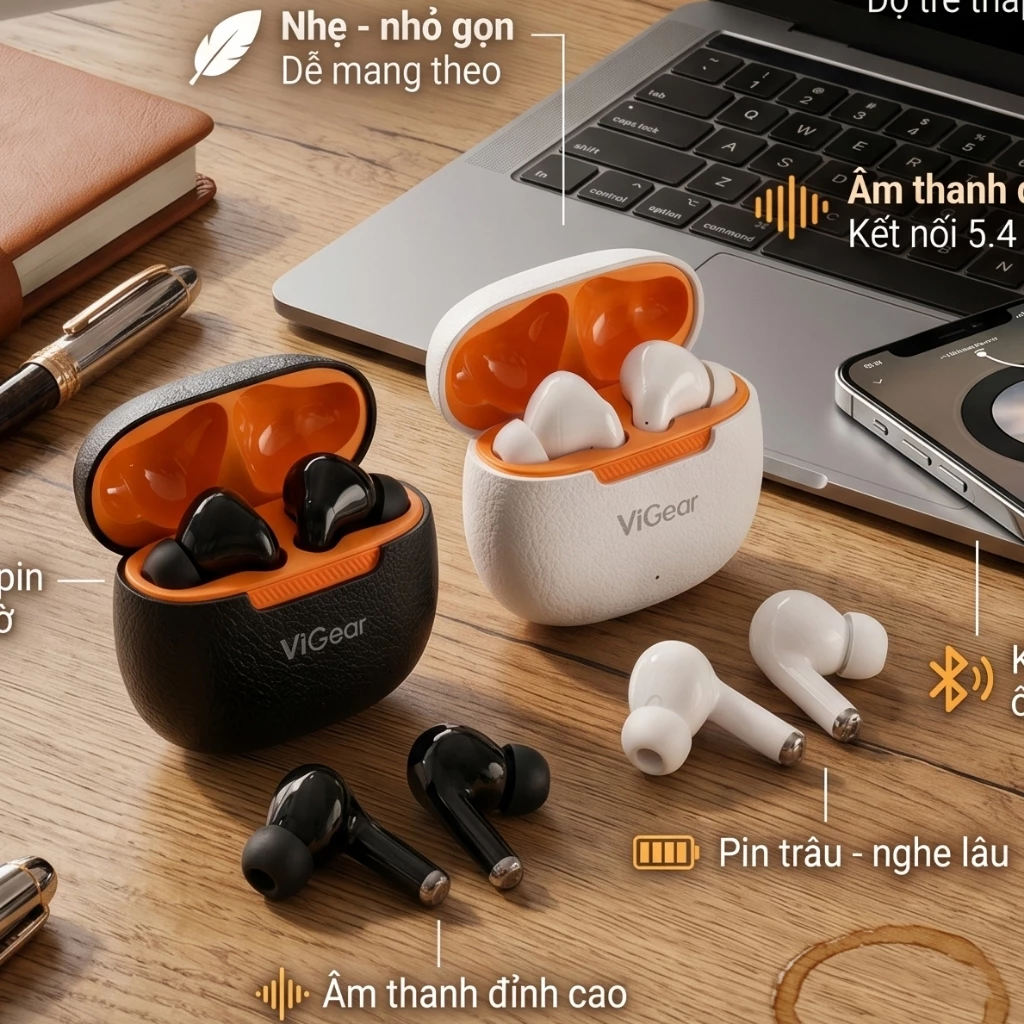 Tai nghe Bluetooth 5.4 VigearV1 Âm Thanh Bass Mạnh, Pin 20H, Mic Gọi Rõ, Độ Trễ Thấp, Nhỏ Gọn Đeo Êm