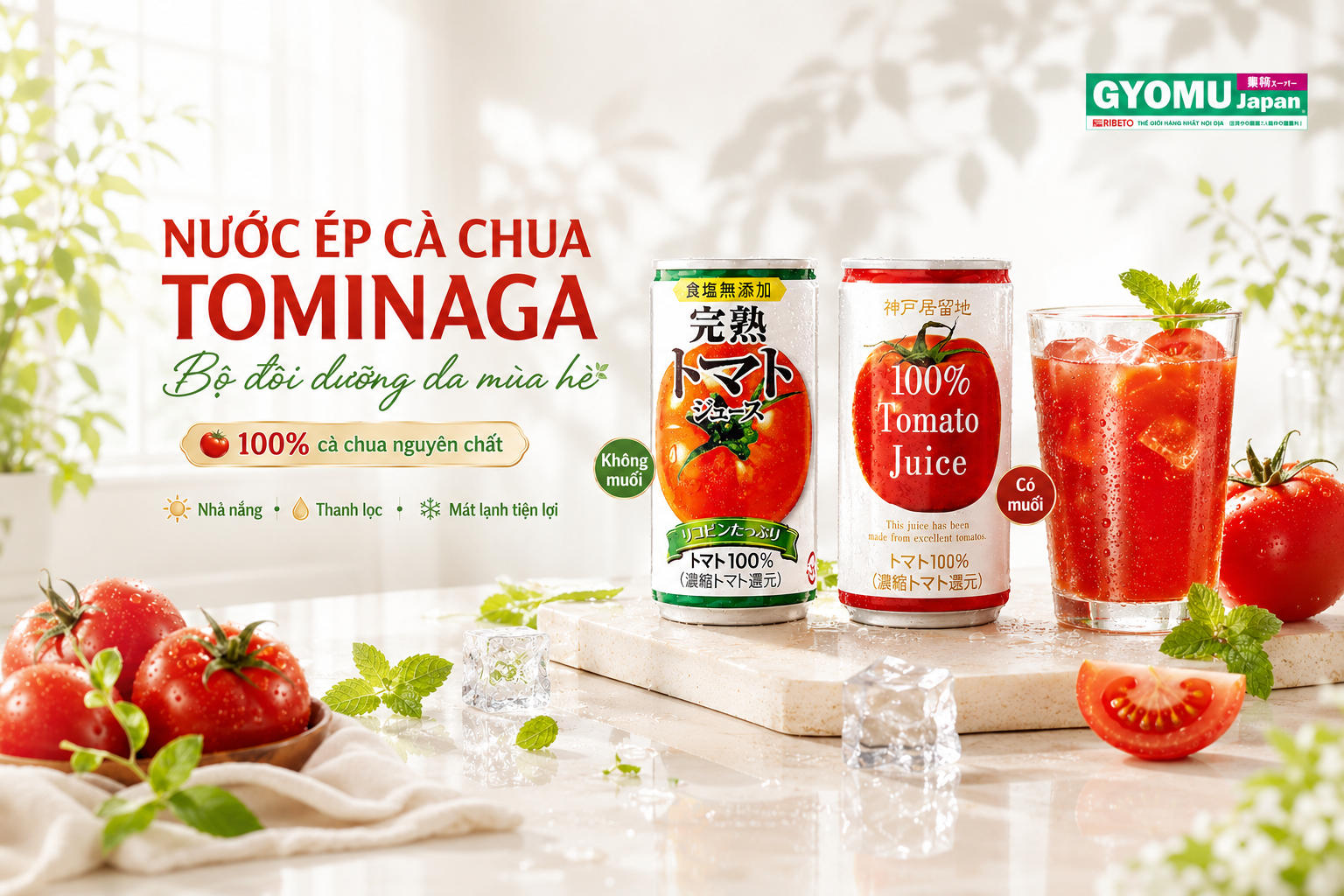 NƯỚC ÉP CÀ CHUA TOMINAGA NHẬT BẢN - BÍ QUYẾT DƯỠNG DA, NHẢ NẮNG VÀ THANH LỌC CƠ THỂ MỖI NGÀY