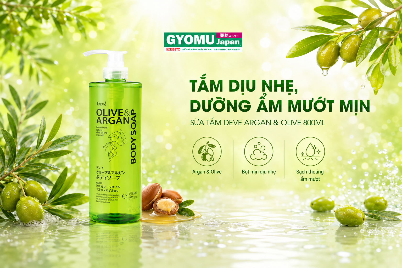 SỮA TẮM DEVE ARGAN & OLIVE NHẬT BẢN - BÍ QUYẾT DƯỠNG ẨM CHO LÀN DA MỀM MỊN QUANH NĂM