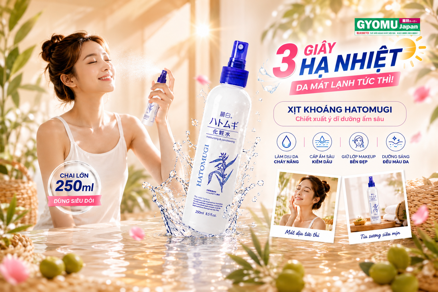 XỊT KHOÁNG HATOMUGI NHẬT BẢN - GIẢI PHÁP CẤP ẨM VÀ LÀM DỊU DA TRONG MÙA HÈ